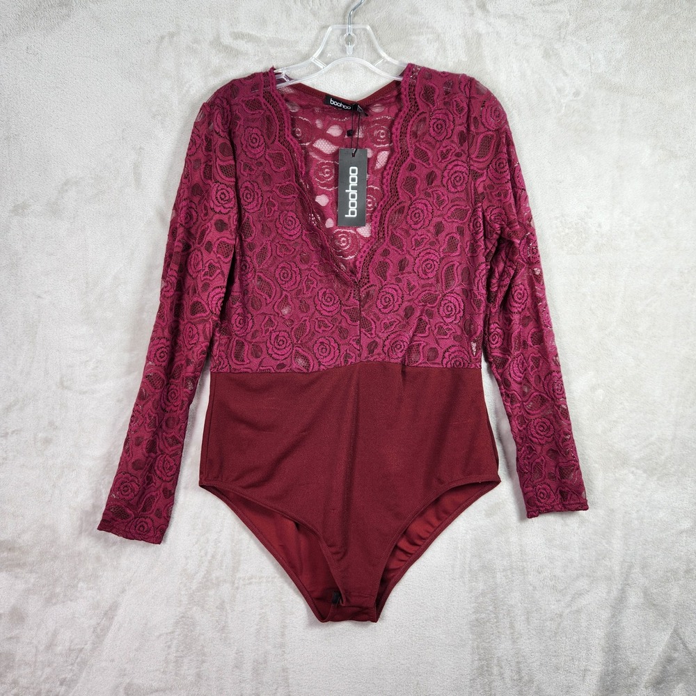 Boohoo Bodysuit Womens 12 Wine Plunge V Neck Lace Long Sleeve Sexy Date‎ Night